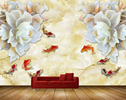 Avikalp MWZ0344 White Flower Orange Fishes HD Wallpaper