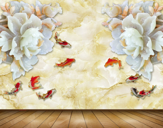 Avikalp MWZ0344 White Flower Orange Fishes 3D HD Wallpaper