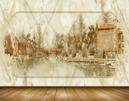 Avikalp MWZ0347 Trees River Houses People 3D HD Wallpaper