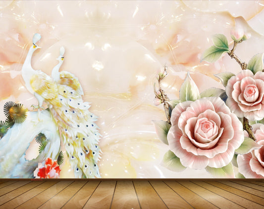 Avikalp MWZ0348 Peacocks Pink Flowers Leaves 3D HD Wallpaper