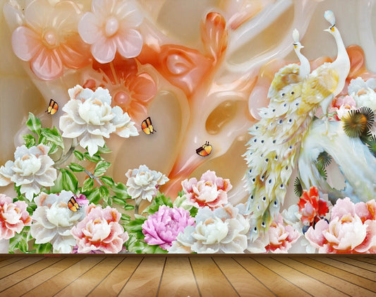 Avikalp MWZ0350 White Pink Flowers Peacocks Butterflies 3D HD Wallpaper