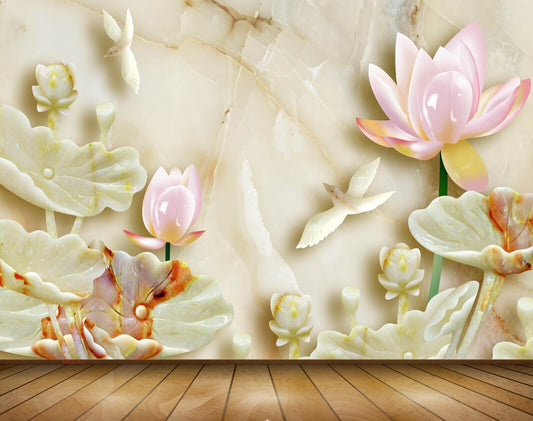 Avikalp MWZ0354 Pink White Lotus Flowers Birds 3D HD Wallpaper