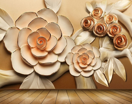 Avikalp MWZ0356 Yellow Goldish Flowers Leaves 3D HD Wallpaper