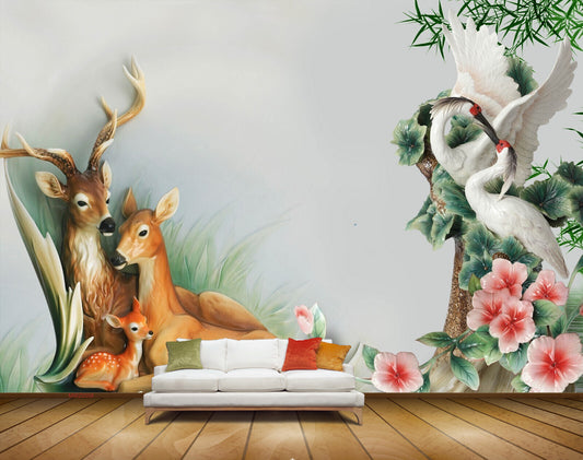 Avikalp MWZ0358 Deers Swans Pink White Flowers Trees HD Wallpaper