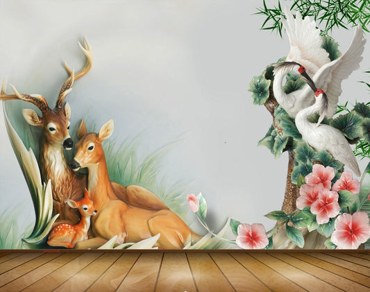 Avikalp MWZ0358 Deers Swans Pink White Flowers Trees 3D HD Wallpaper