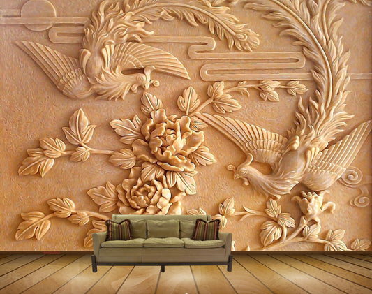 Avikalp MWZ0362 Orange Peacocks Leaves Flowers HD Wallpaper