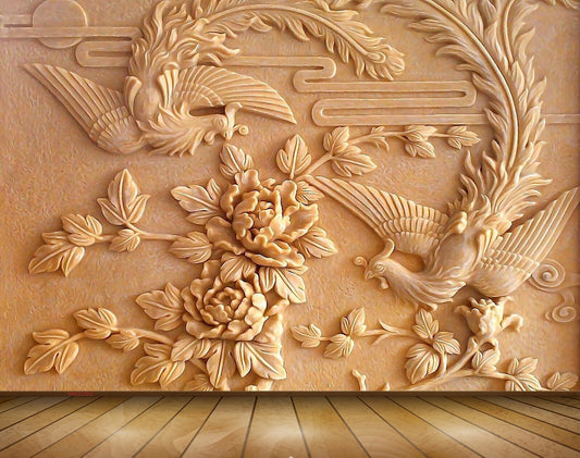 Avikalp MWZ0362 Orange Peacocks Leaves Flowers 3D HD Wallpaper