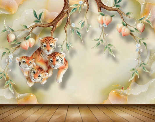 Avikalp MWZ0363 Tigers Fishes Branches Flowers Leaves 3D HD Wallpaper