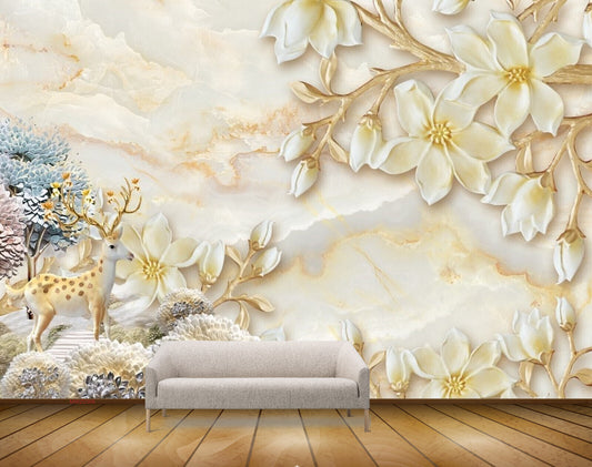 Avikalp MWZ0366 Deer White Yellow Flowers HD Wallpaper