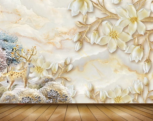 Avikalp MWZ0366 Deer White Yellow Flowers 3D HD Wallpaper
