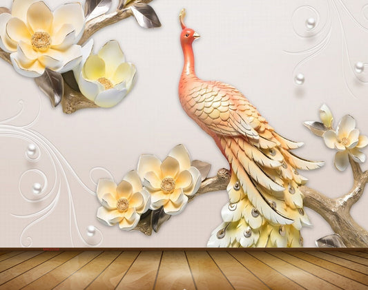 Avikalp MWZ0368 Peacock White Yelow Flowers 3D HD Wallpaper