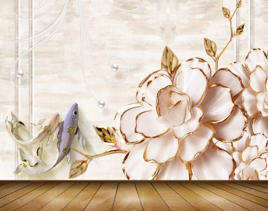 Avikalp MWZ0369 White Flowers Violet Fishes 3D HD Wallpaper