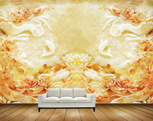 Avikalp MWZ0390 Orange Flowers White Yellow Fishes HD Wallpaper