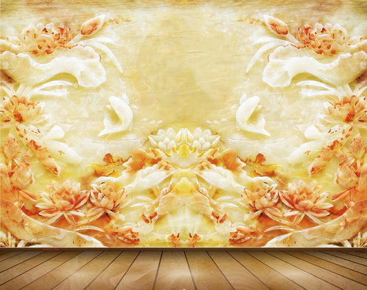 Avikalp MWZ0390 Orange Flowers White Yellow Fishes 3D HD Wallpaper