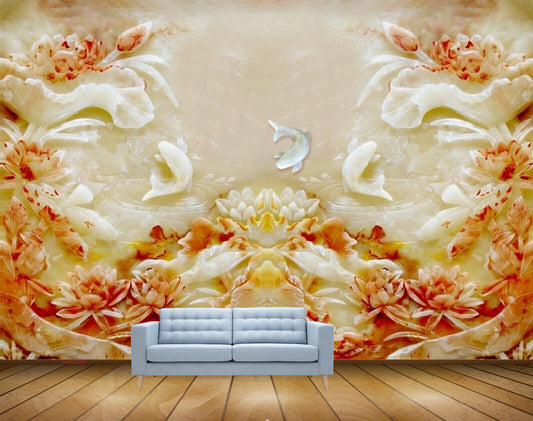 Avikalp MWZ0391 Orange Flowers White Yellow Fishes HD Wallpaper