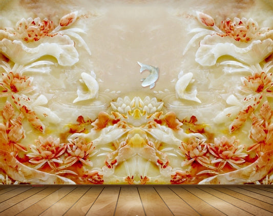 Avikalp MWZ0391 Orange Flowers White Yellow Fishes 3D HD Wallpaper