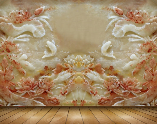 Avikalp MWZ0392 White Fishes Orange Flowers 3D HD Wallpaper