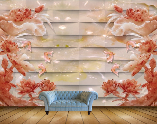 Avikalp MWZ0393 Red Flowers White Fishes HD Wallpaper