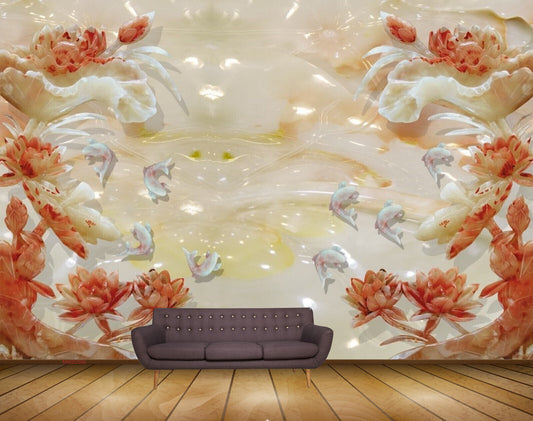 Avikalp MWZ0396 White Fishes Orange Flowers HD Wallpaper