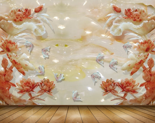 Avikalp MWZ0396 White Fishes Orange Flowers 3D HD Wallpaper