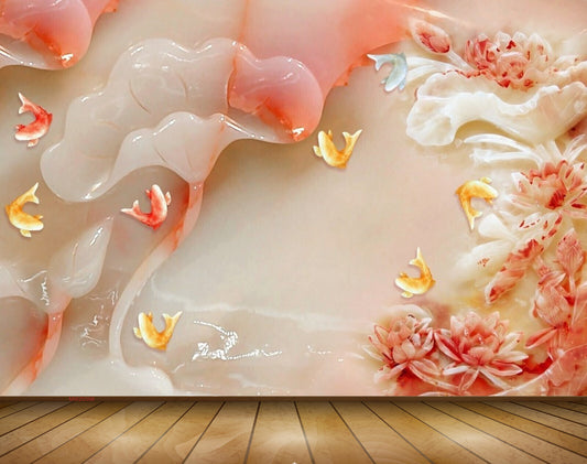 Avikalp MWZ0398 Pink Flowers Yellow  White Fishes 3D HD Wallpaper