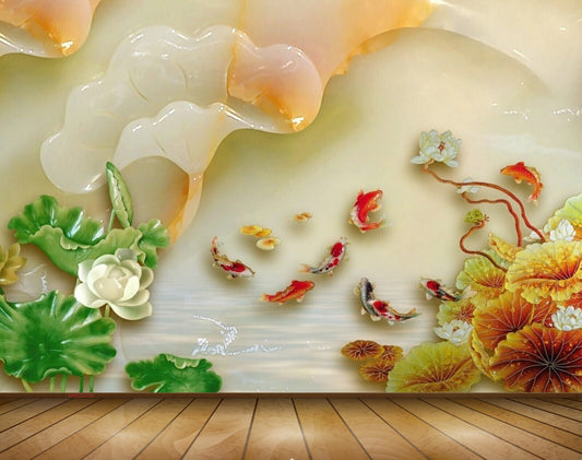 Avikalp MWZ0399 Orange White Flowers Fishes Leaves 3D HD Wallpaper