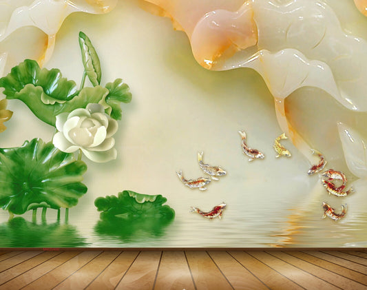 Avikalp MWZ0400 White Flower Leaves Fishes 3D HD Wallpaper