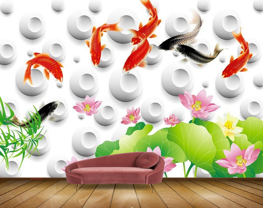 Avikalp MWZ0406 Pink Flowers Fishes Leaves HD Wallpaper