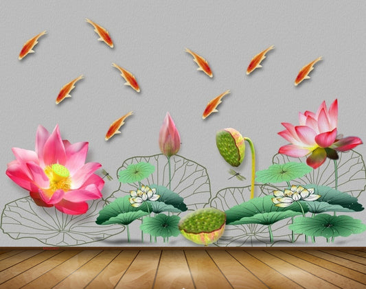Avikalp MWZ0407 Pink Orange Lotus Flowers Fishes Flies 3D HD Wallpaper