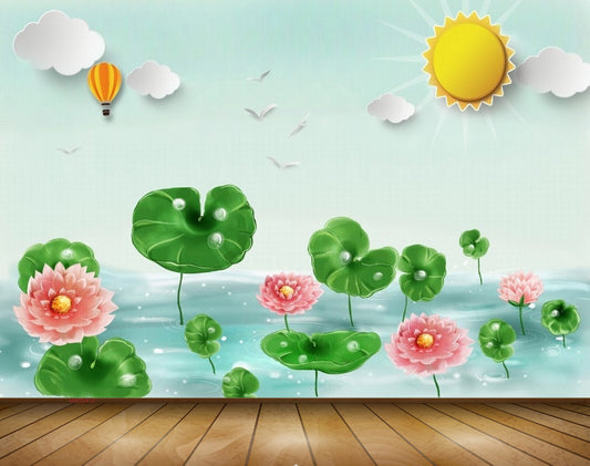 Avikalp MWZ0412 Pink Flowers Parachute Sun Clouds Birds 3D HD Wallpaper