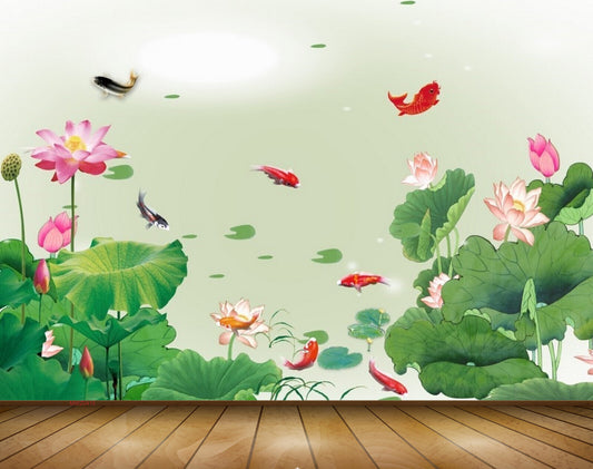 Avikalp MWZ0415 Pink White Flowers Fishes Leaves 3D HD Wallpaper