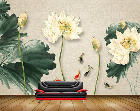 Avikalp MWZ0419 White Flowers Fishes Leaves HD Wallpaper