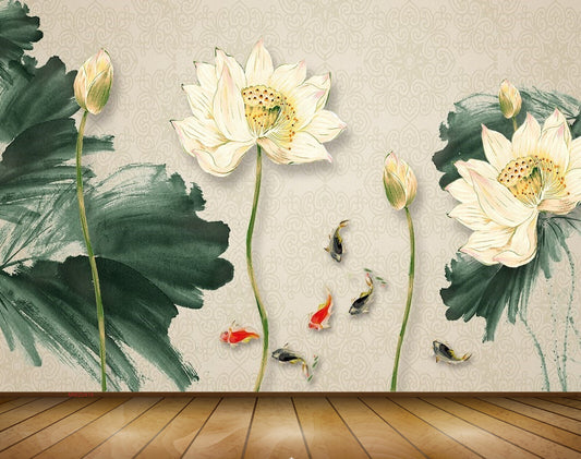 Avikalp MWZ0419 White Flowers Fishes Leaves 3D HD Wallpaper