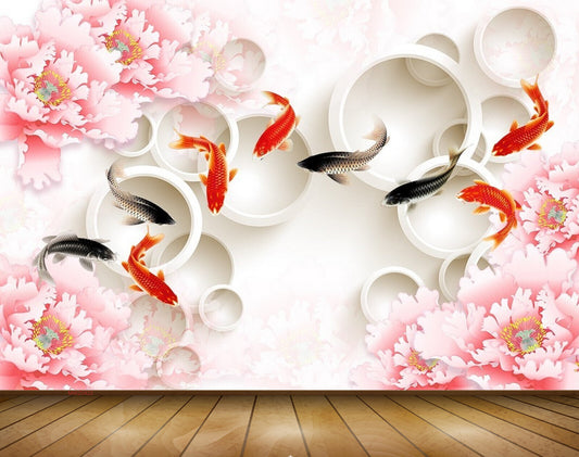 Avikalp MWZ0422 Orange Black Fishes Pink Flowers 3D HD Wallpaper