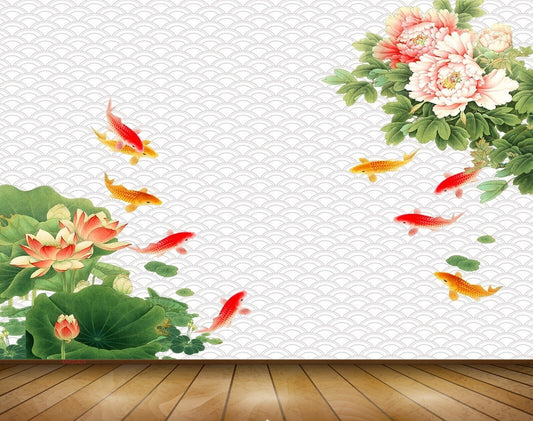 Avikalp MWZ0425 Orange Yellow Fishes Flowers Leaves 3D HD Wallpaper