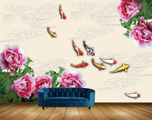 Avikalp MWZ0426 Pink White Flowers Fishes HD Wallpaper