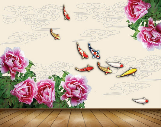 Avikalp MWZ0426 Pink White Flowers Fishes 3D HD Wallpaper