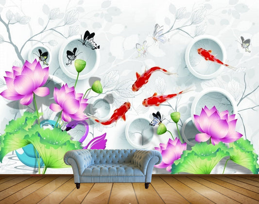 Avikalp MWZ0429 Orange Fishes Pink Flowers Butterflies Leaves HD Wallpaper