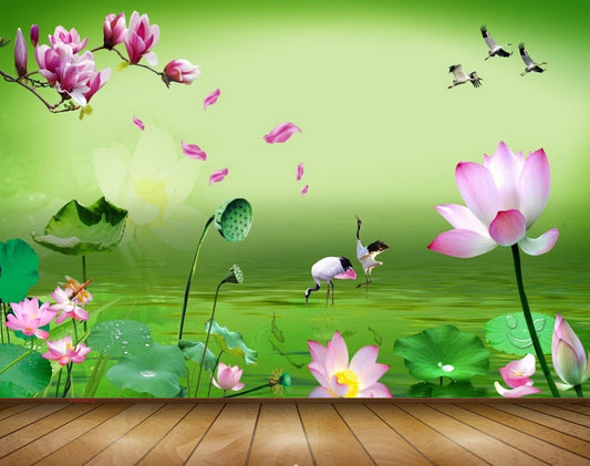 Avikalp MWZ0430 Pink Flowers Birds Swans Flies 3D HD Wallpaper