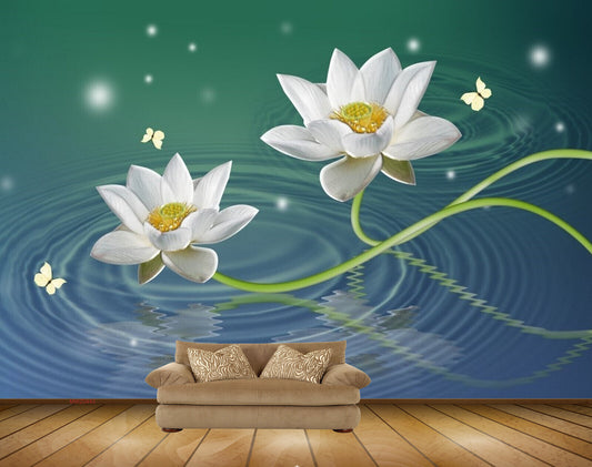 Avikalp MWZ0443 White Lotus Flowers Butterflies HD Wallpaper