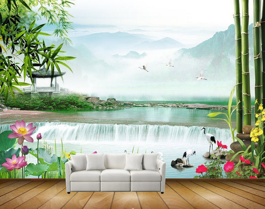 Avikalp MWZ0446 Pink Lotus Flowers Swans Birds Fishes Trees HD Wallpaper