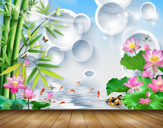 Avikalp MWZ0447 Pink Lotus Flowers Fishes Trees Butterflies Ducks 3D HD Wallpaper