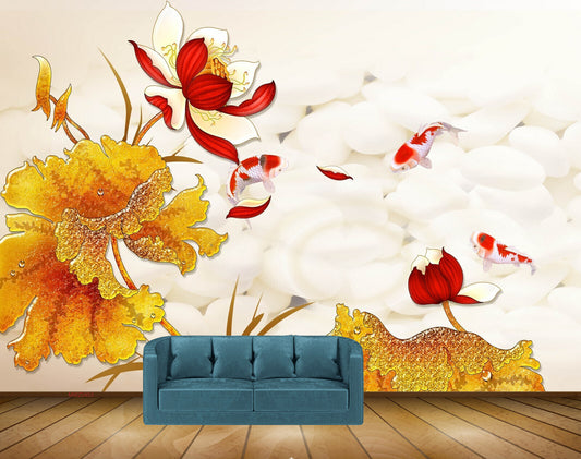 Avikalp MWZ0453 Red White Yellow Flowers Orange Leaves HD Wallpaper