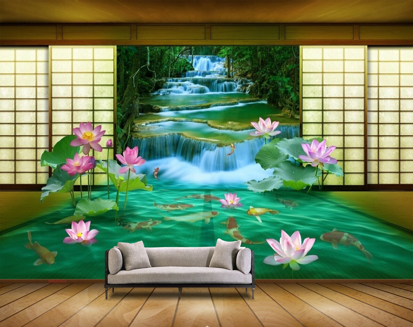 Avikalp MWZ0454 Pink Lotus Flowers Fishes Waterfall 3D HD Wallpaper Avikalp MWZ0454 Pink Lotus Flowers Fishes Waterfall 3D HD Wallpaper