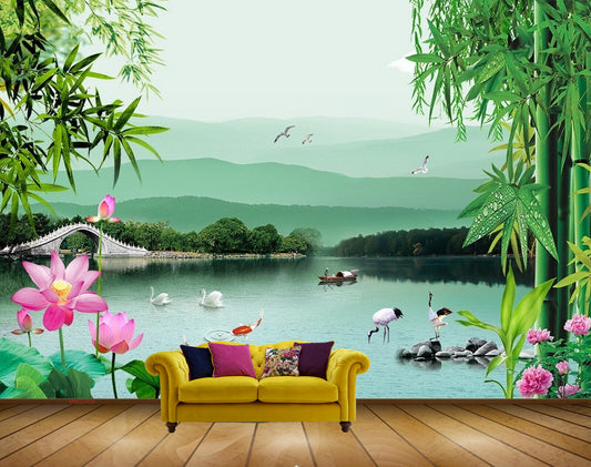 Avikalp MWZ0456 Pink Lotus Flowers Trees Swans Ducks River Birds HD Wallpaper