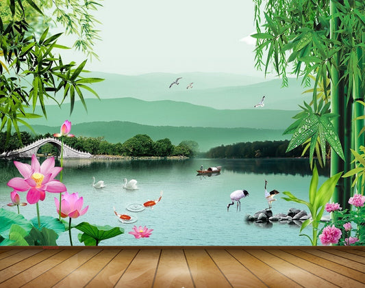 Avikalp MWZ0456 Pink Lotus Flowers Trees Swans Ducks River Birds 3D HD Wallpaper
