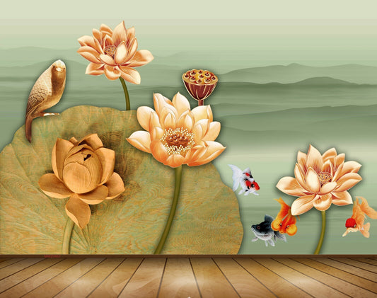 Avikalp MWZ0457 Orange Flowers Bird Fishes 3D HD Wallpaper