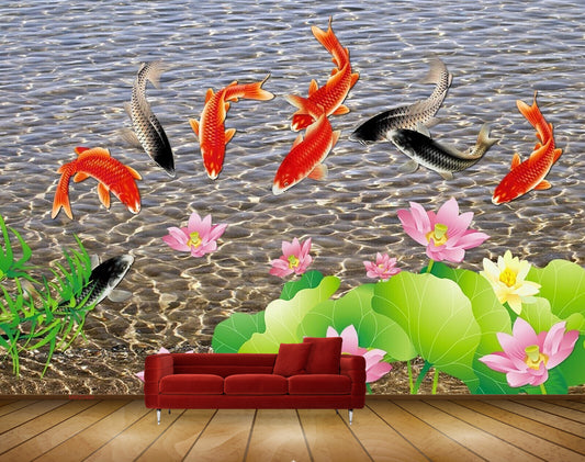 Avikalp MWZ0460 Pink Lotus Flowers Fishes HD Wallpaper