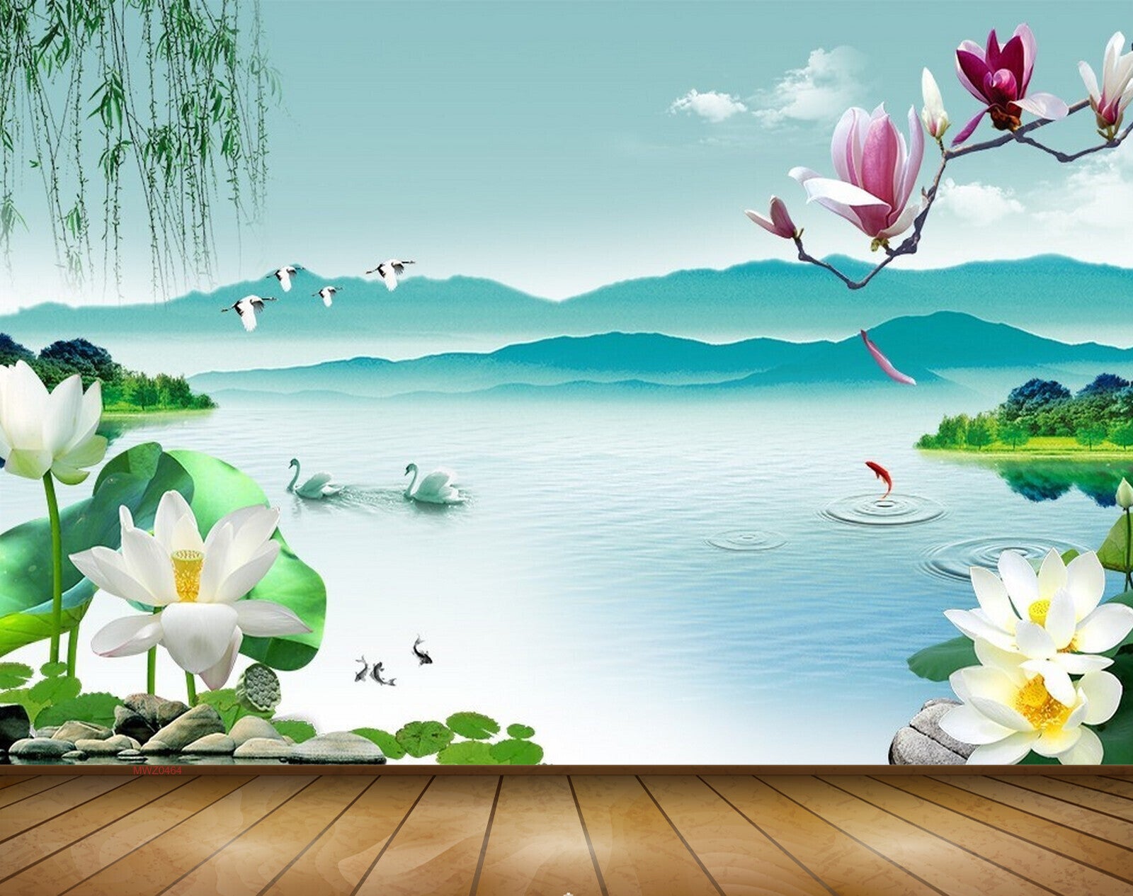 Avikalp MWZ0464 White Lotus Flowers Swans Birds Fishes River 3D HD Wallpaper Avikalp MWZ0464 White Lotus Flowers Swans Birds Fishes River 3D HD Wallpaper