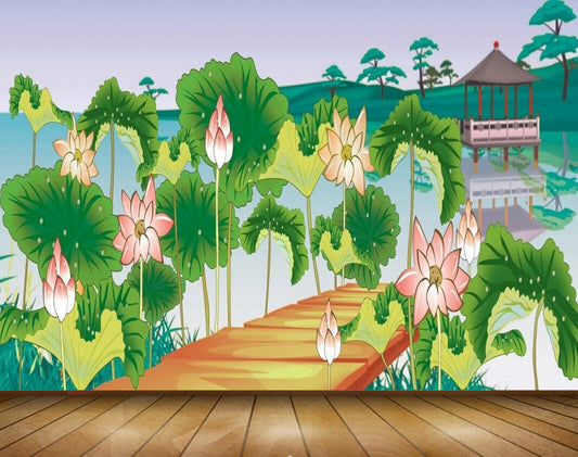 Avikalp MWZ0467 White Peach Flowers Trees Woodenbridge 3D HD Wallpaper